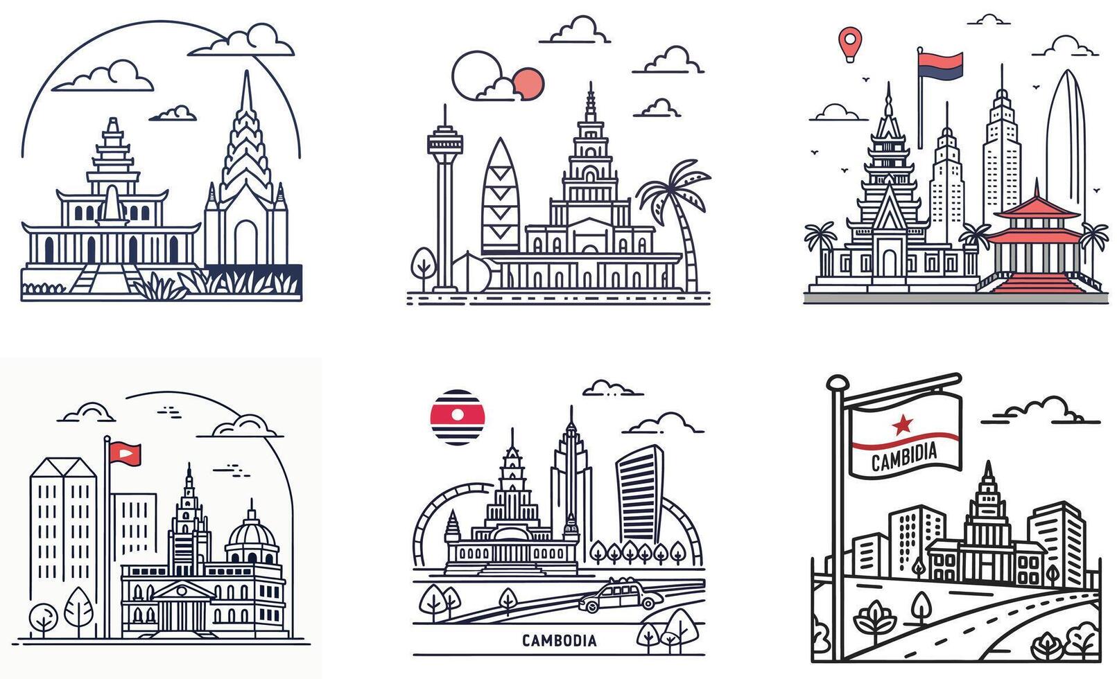 A set of different buildings and landmarks in different styles vector
