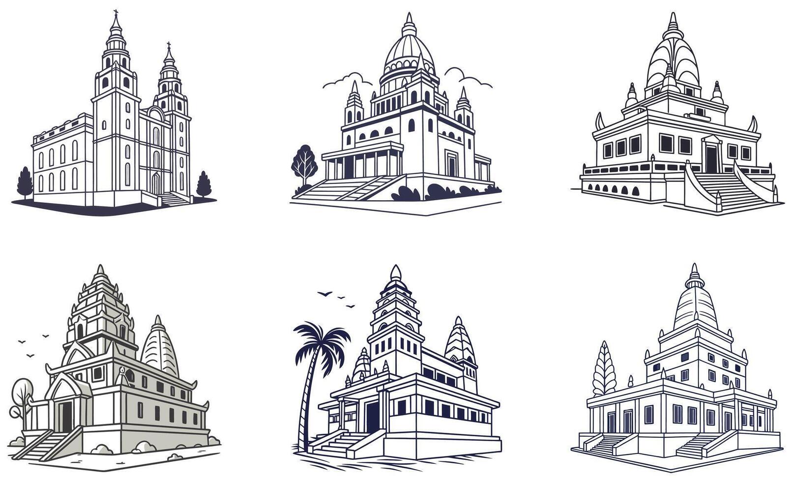 Set of four different buildings, including a temple, a pagoda, a pagoda and a vector