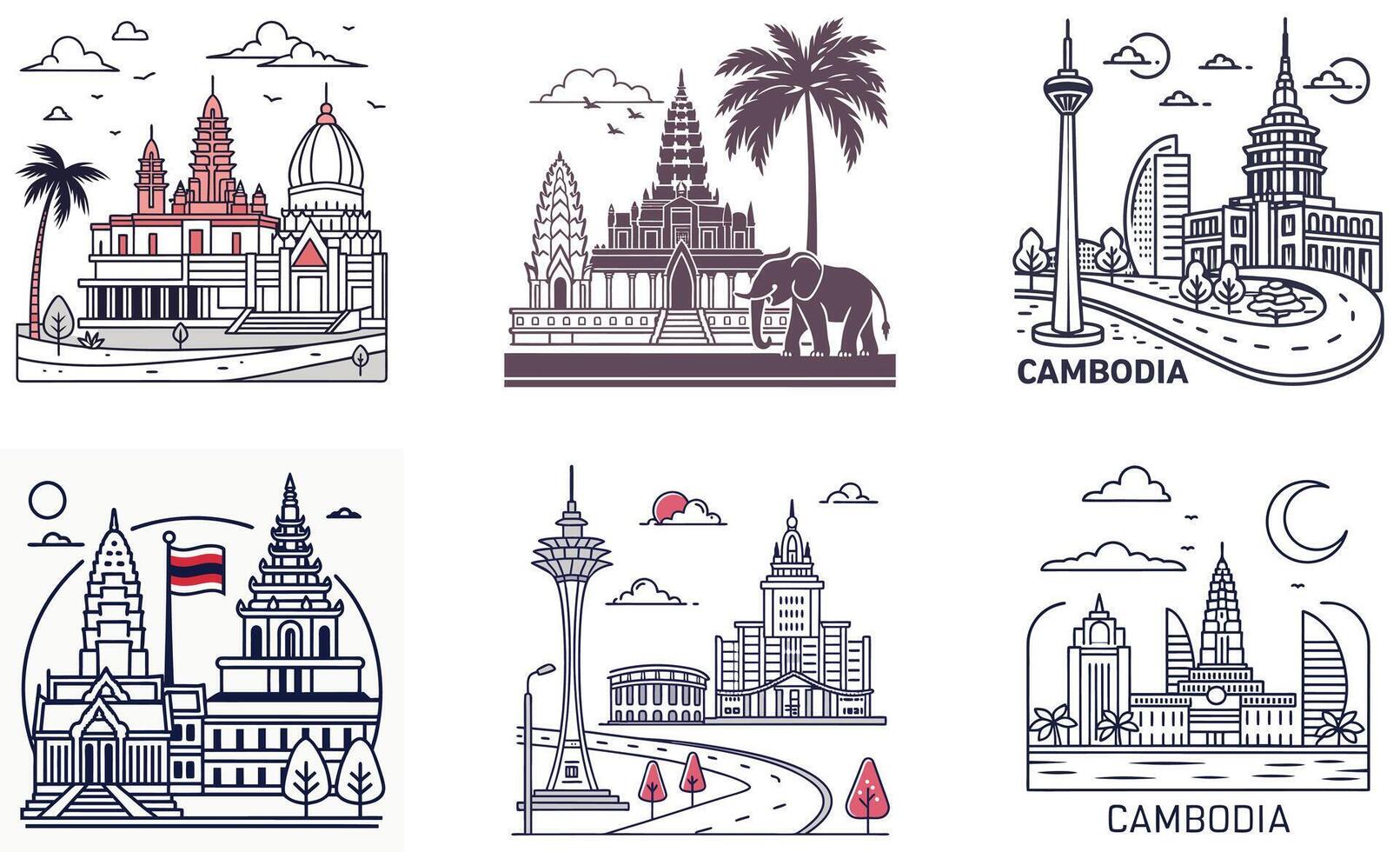 Cambodia travel icons set of buildings and landmarks vector
