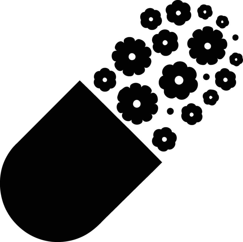 A black and white illustration of a pill with flowers vector