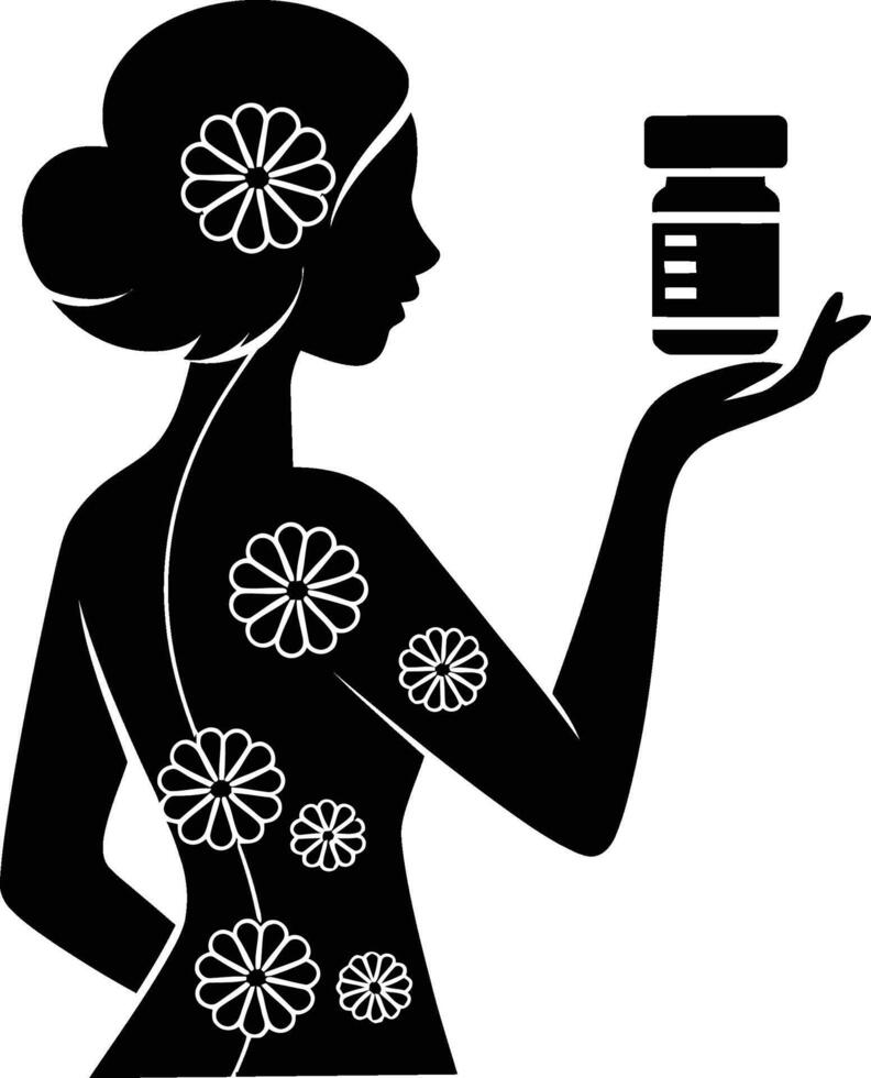 Woman holding a jar of pills vector