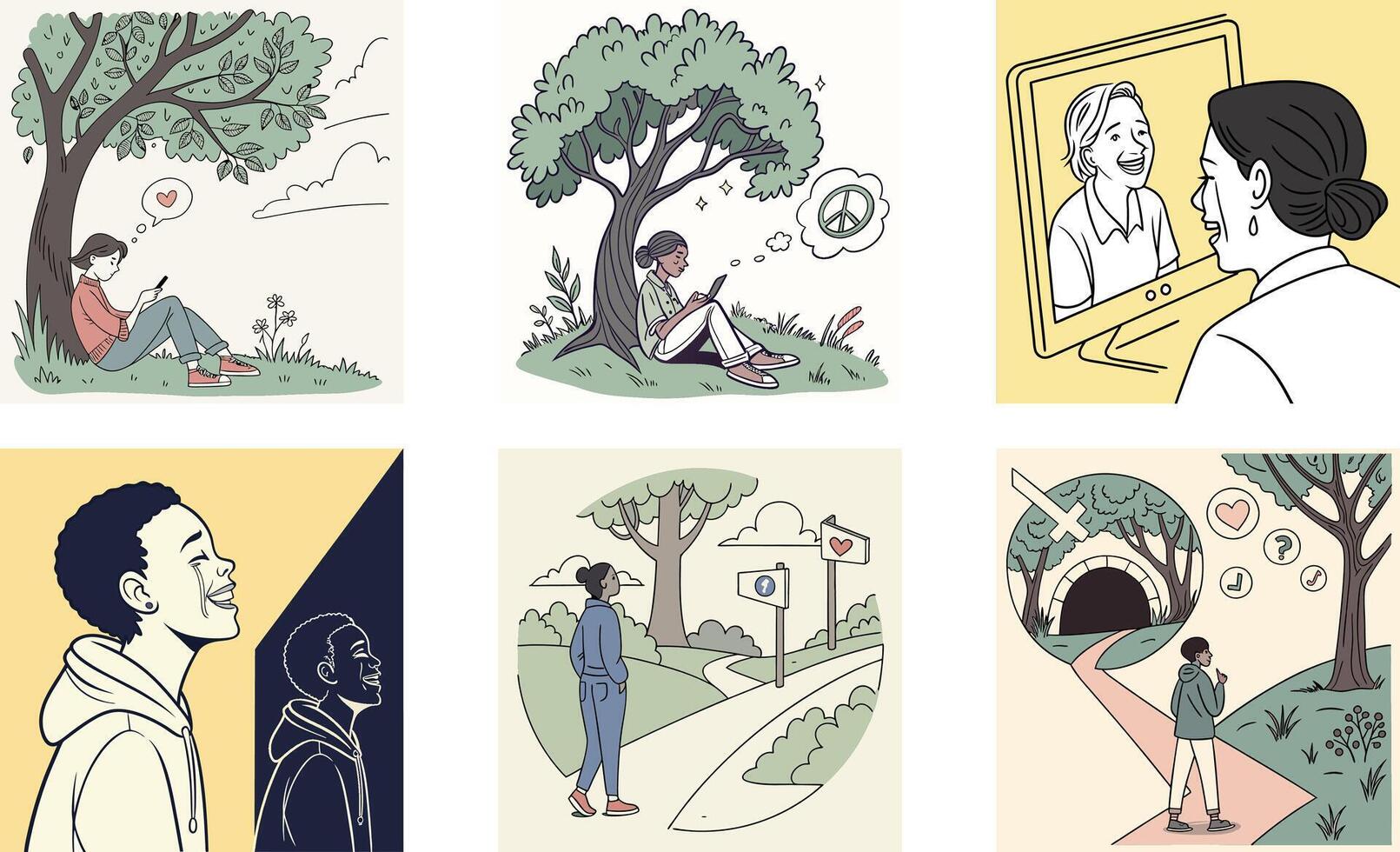 A series of illustrations depicting people in different situations vector