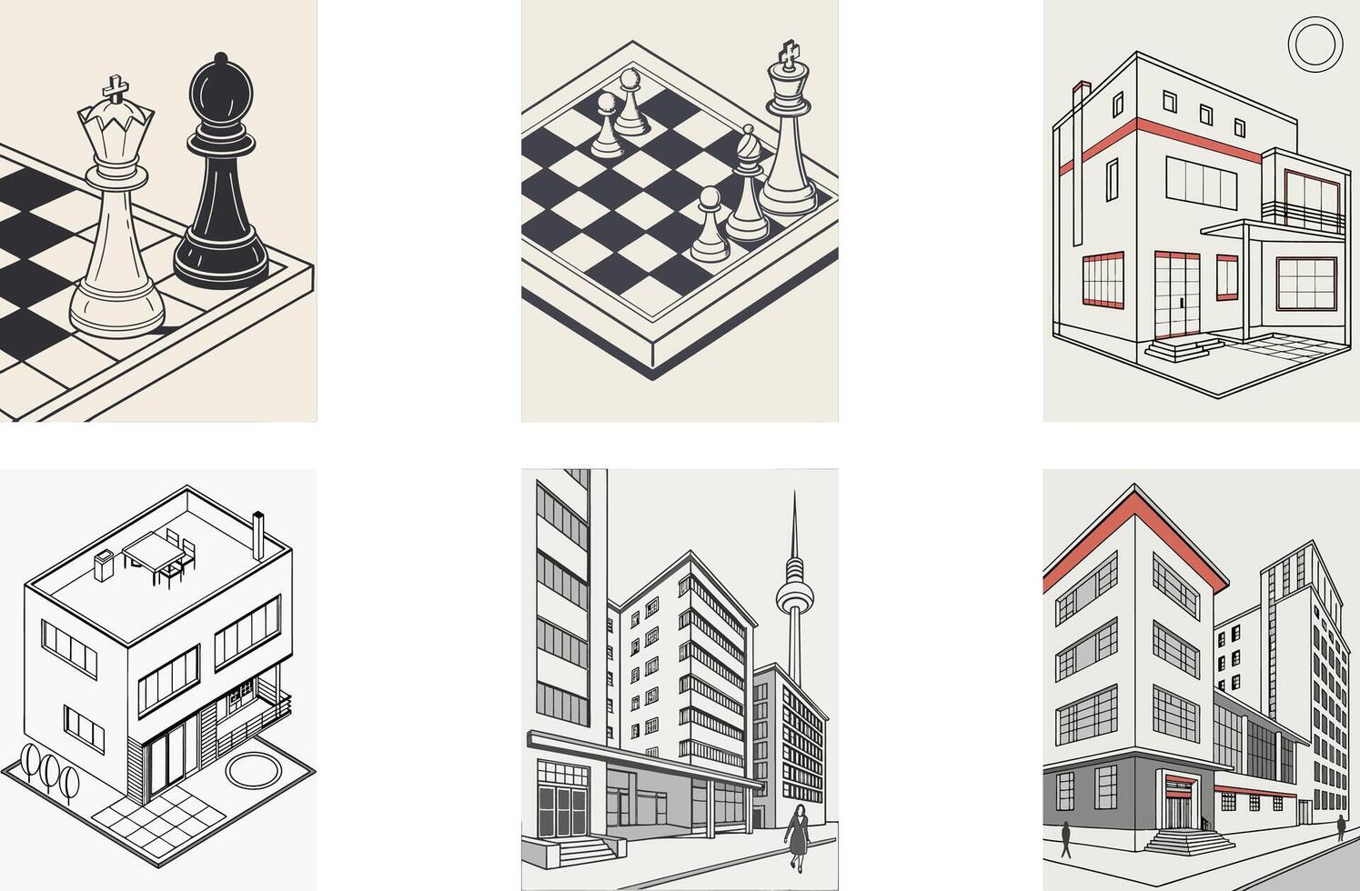 Four different illustrations of buildings and a chess board vector