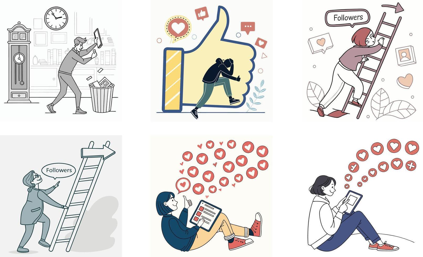 Four illustrations of people using social media vector