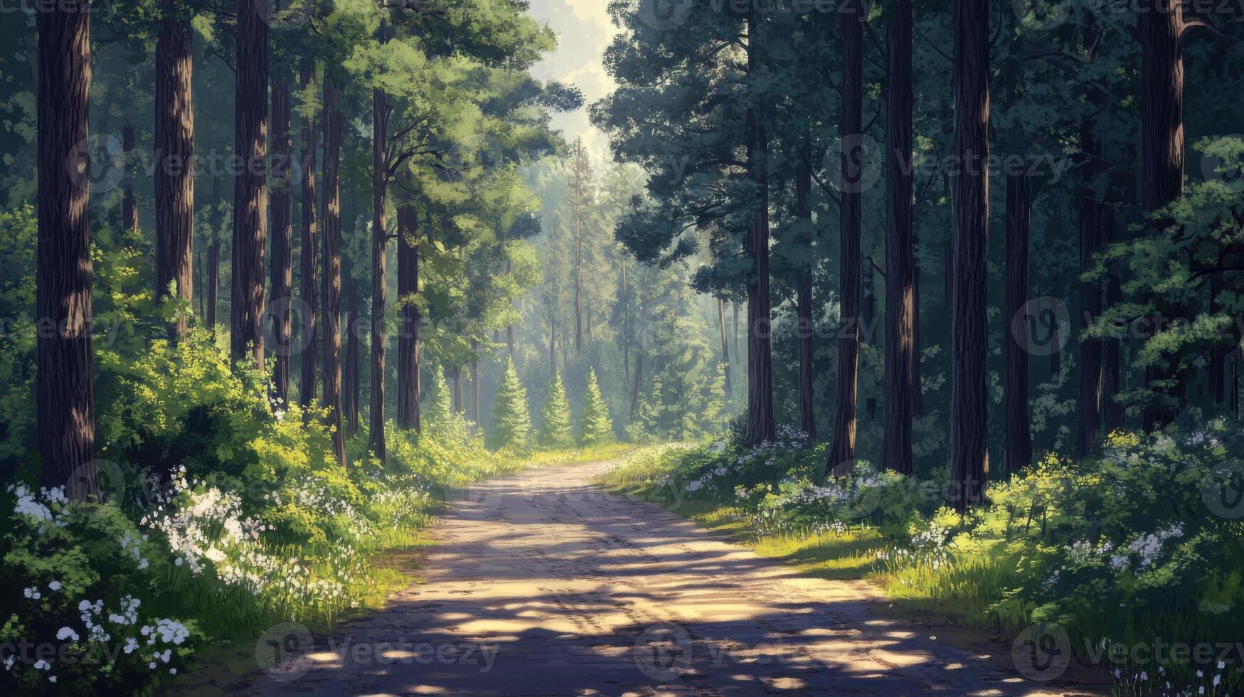 A forest path with a road running through it photo