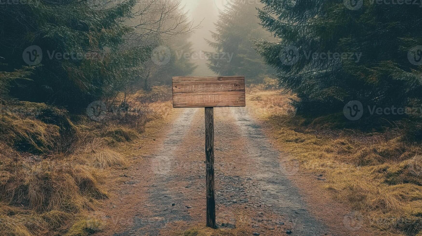A sign is standing in the middle of a forest road photo