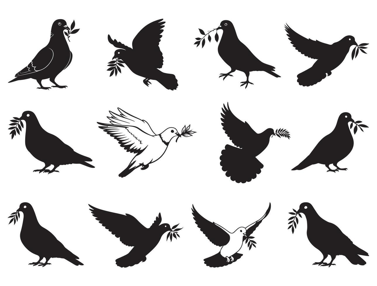 PIGEON WITH BRANCH SILHOUETTE WHITE BACKGROUND vector