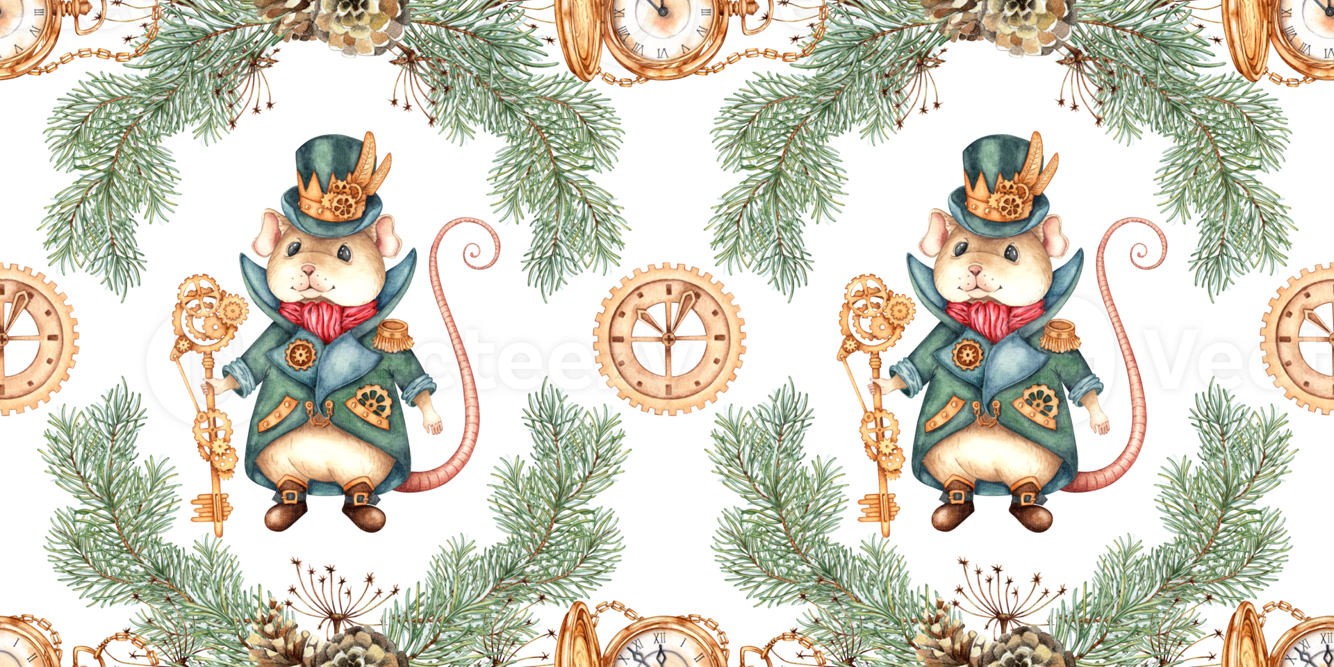Mouse king, clock, fir branches, grass, pine cones, gears in steampunk style watercolor illustration, hand drawn. Christmas, New Year seamless pattern isolated from background. png