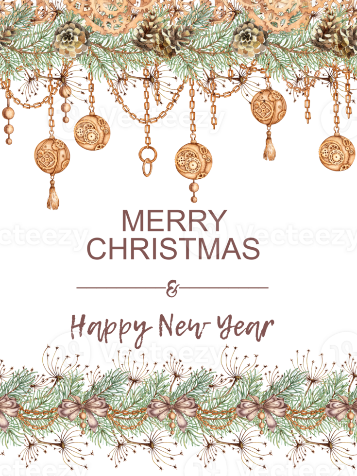Fir branches, grass, cones, balls, chains, gears and bows for New Year and Christmas watercolor illustration are drawn by hand. Forest plants for winter decor. Isolated from background. Frame, flyer png