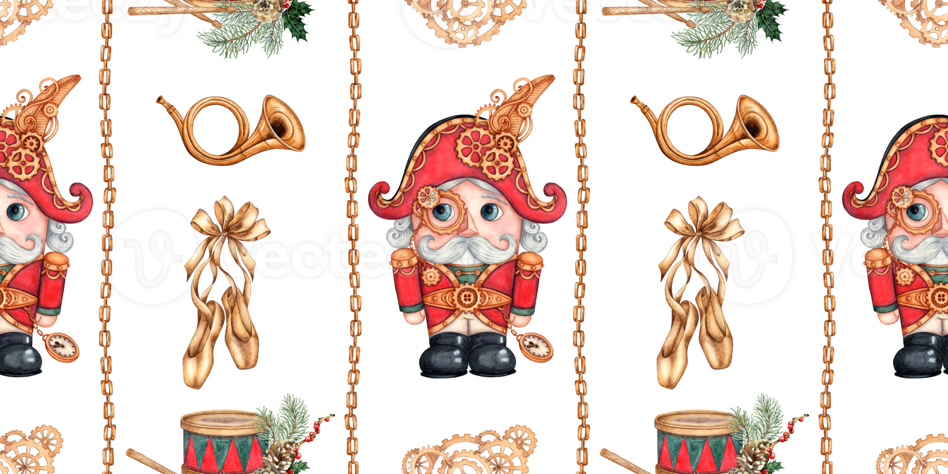 Nutcracker, bugle, drum, fir branches, cones, chains, gears watercolor illustration. Christmas, New Year's tale. Seamless vertical pattern isolated from background. png