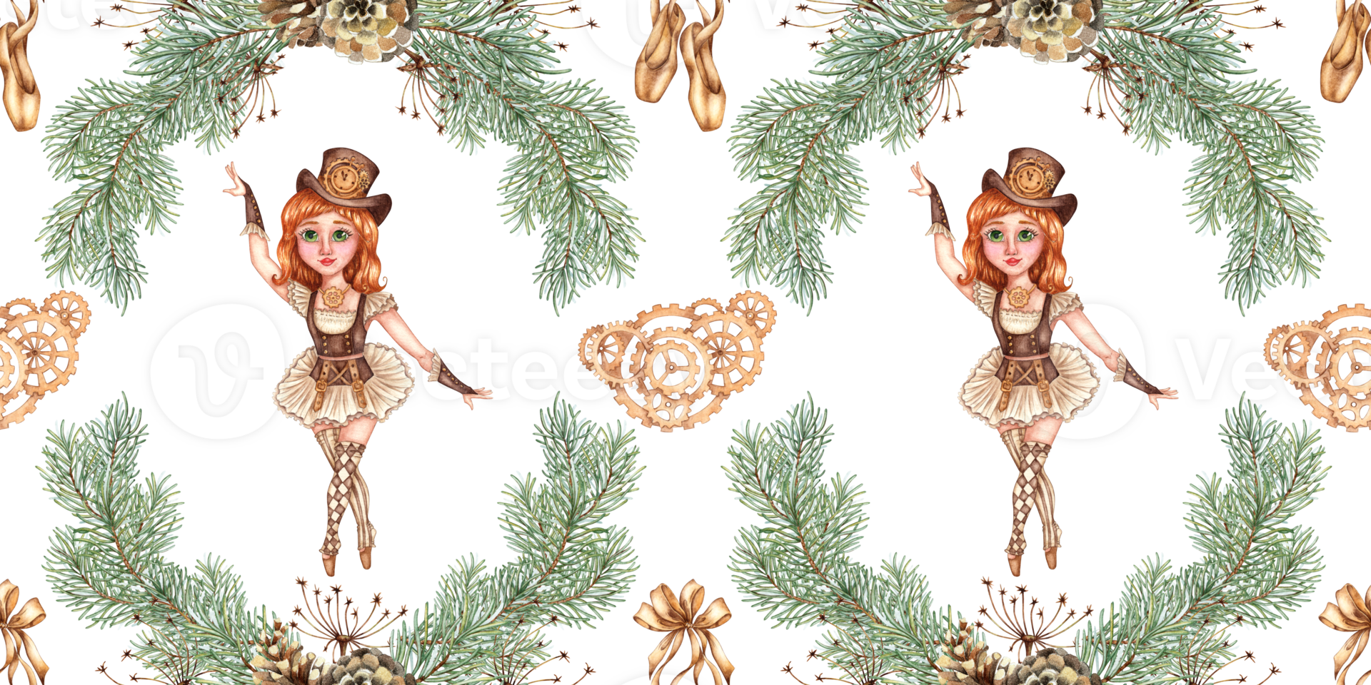 Girl ballerina in the fairy tale Nutcracker and fir branches, pine cones, grass and gears watercolor illustration. Dancer in steampunk style. Seamless pattern isolated on background. png