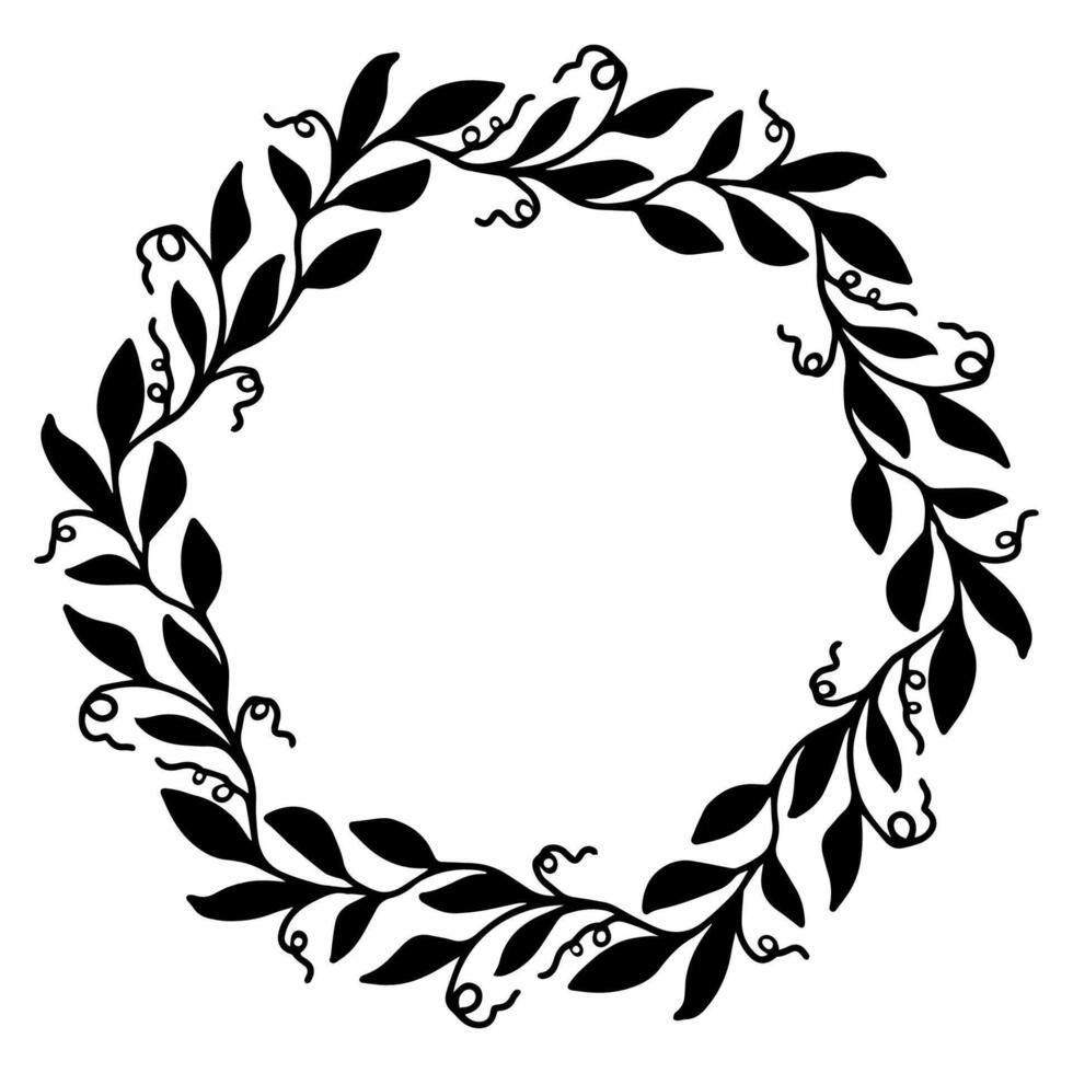 Floral vine silhouette leaves wreath, hand drawn greenery elements vector