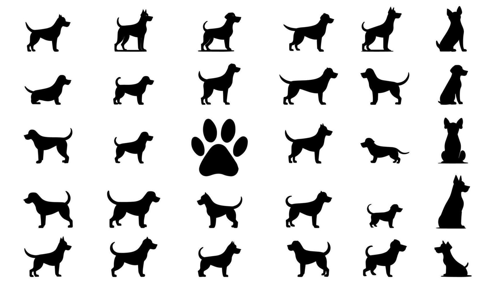 Collection of dog silhouettes various breeds and poses with paw print. A set of dog illustrations with different body shapes including standing, sitting and lying down positions. vector