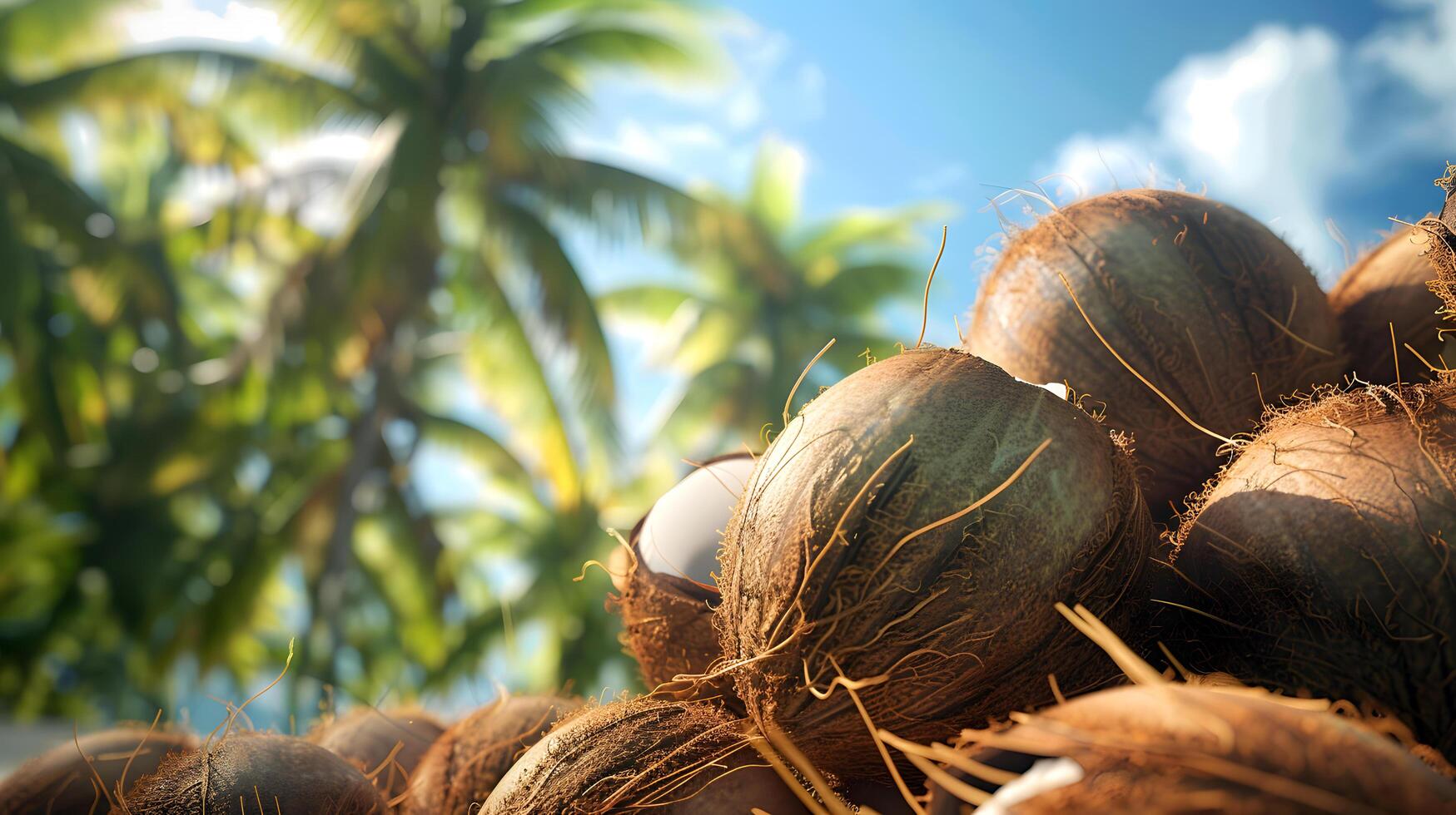 close-up of fresh coconuts with a tropical palm tree background photo