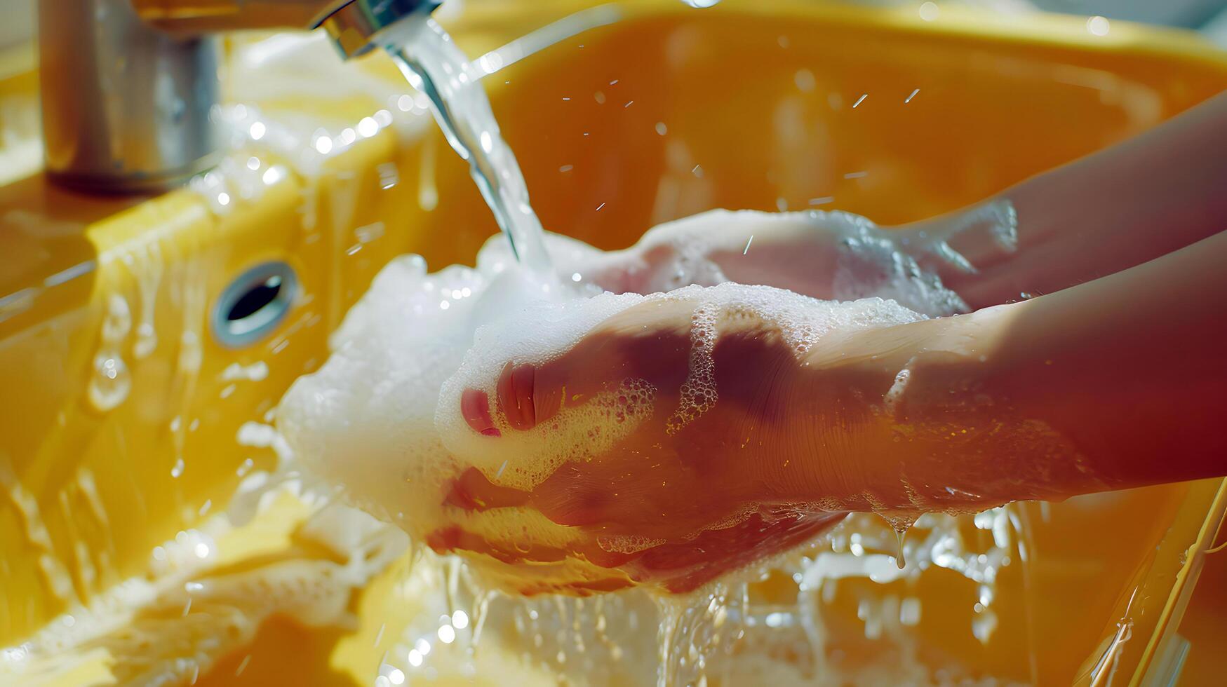 Hands washing under running water with soap bubbles photo