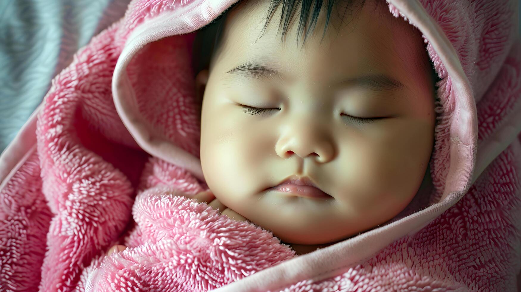peaceful baby sleeping wrapped in a soft pink blanket photo