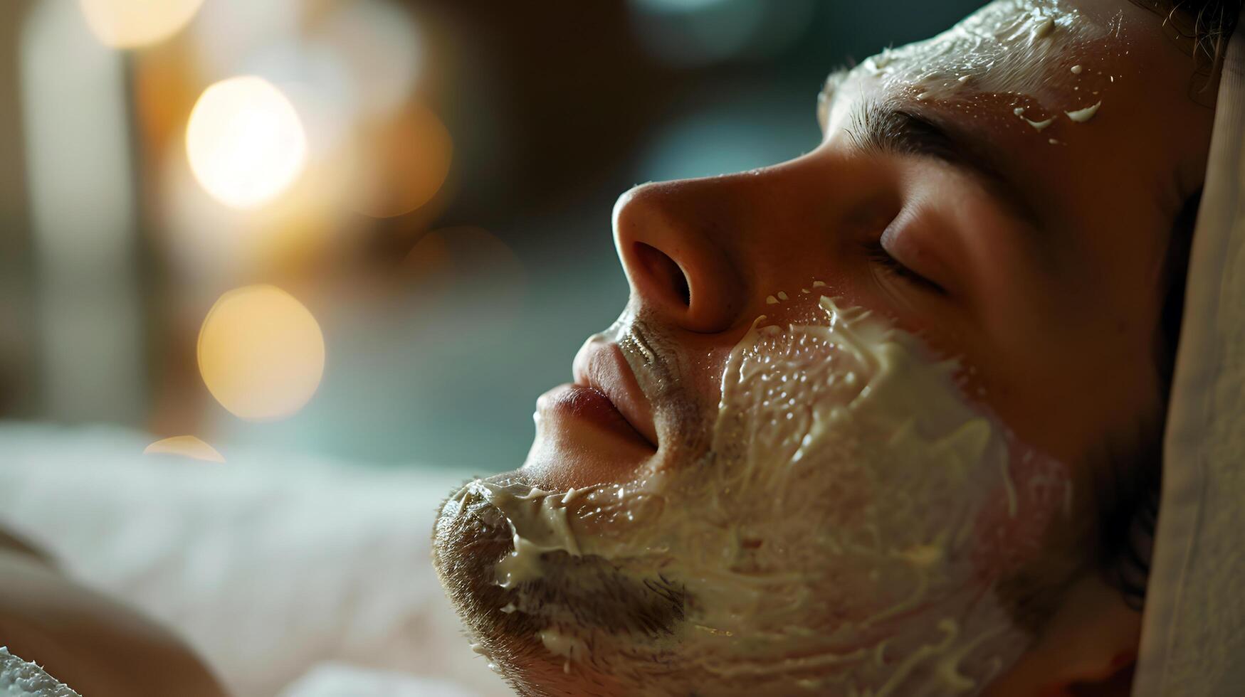Young man lying with green face mask in spa photo