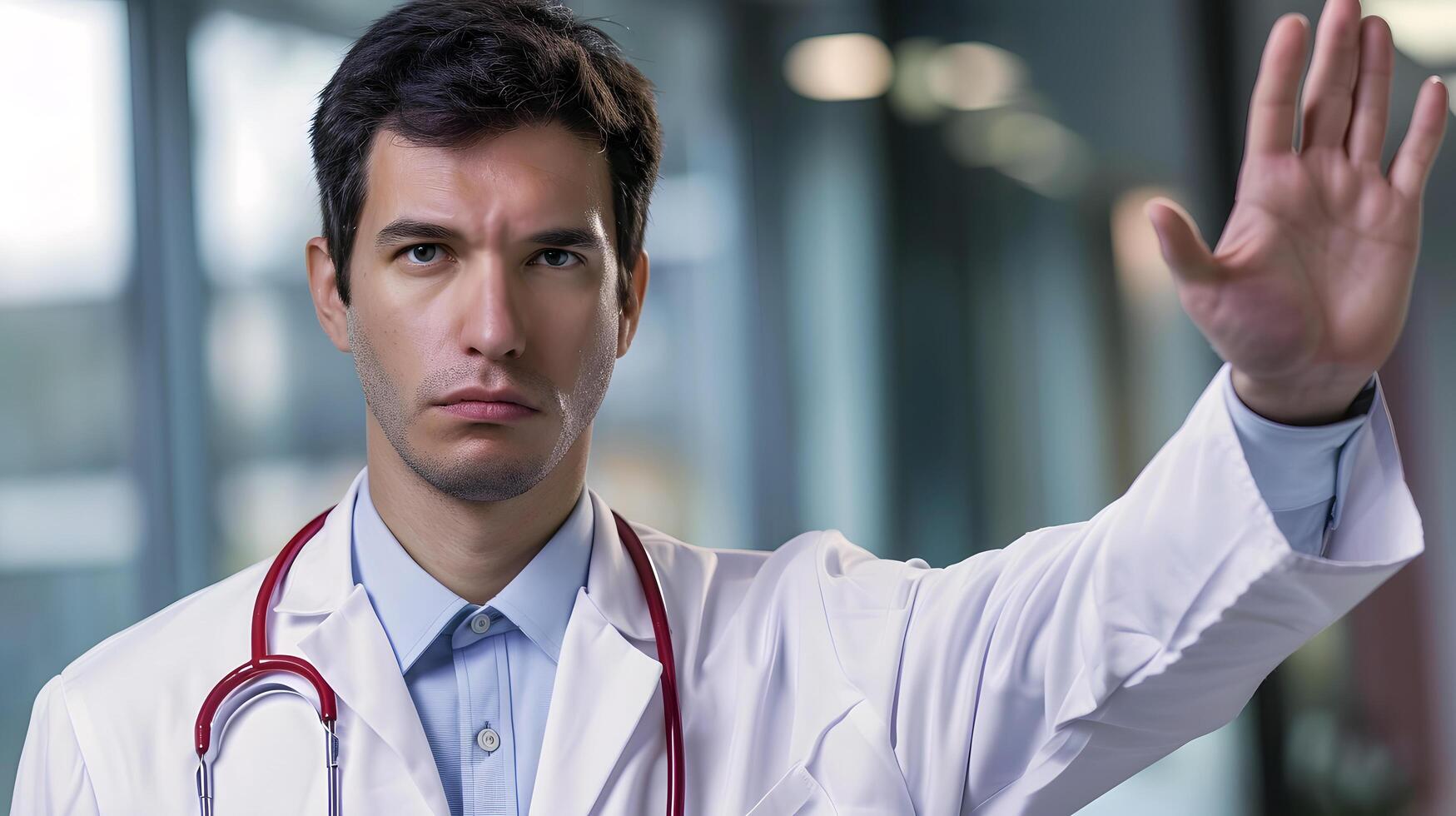serious male doctor wearing a white coat and stethoscope in a hospital photo