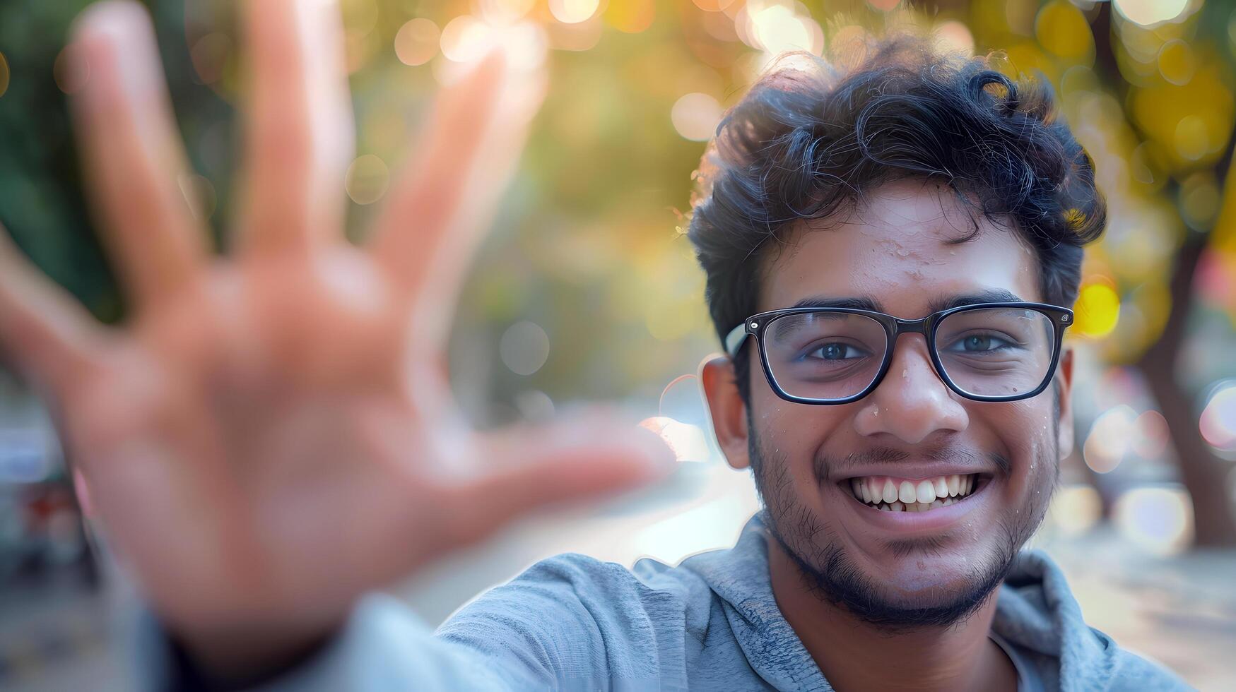 smiling young man with glasses reaching towards the camera photo