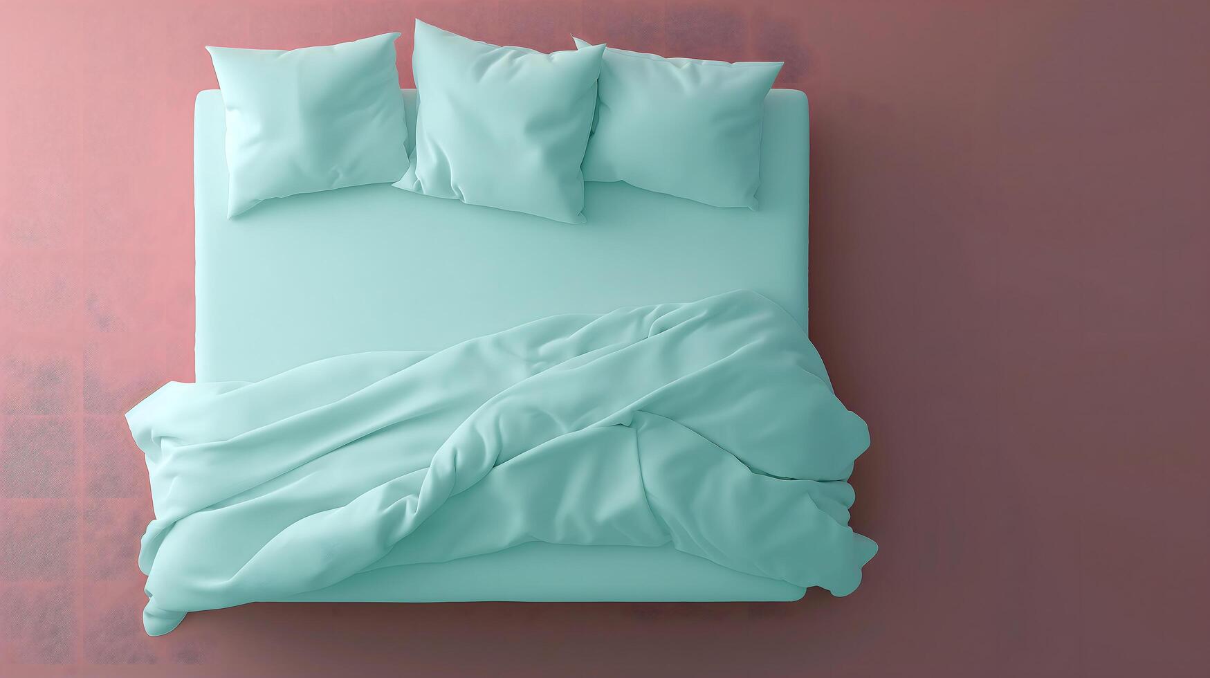 Mint green bed with pillows and blankets on pink backgroundMint green bed with pillows and blankets on pink background photo