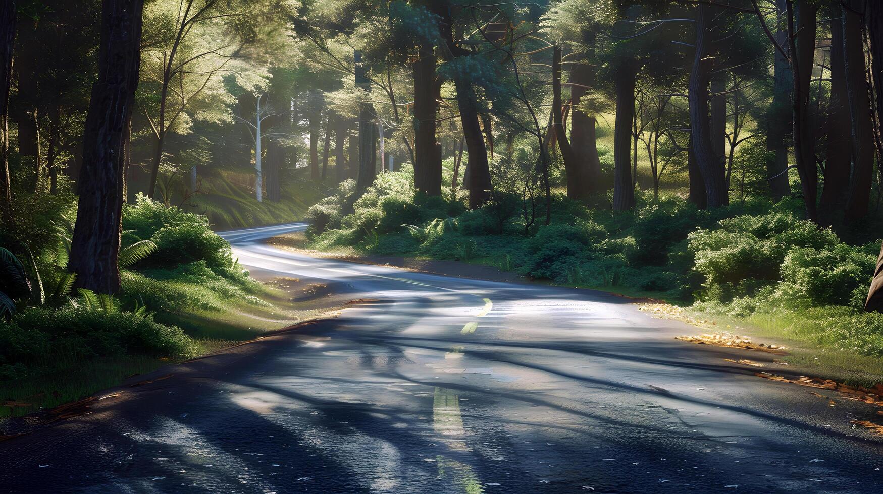 scenic road passing through a dense green forest with sunlight photo