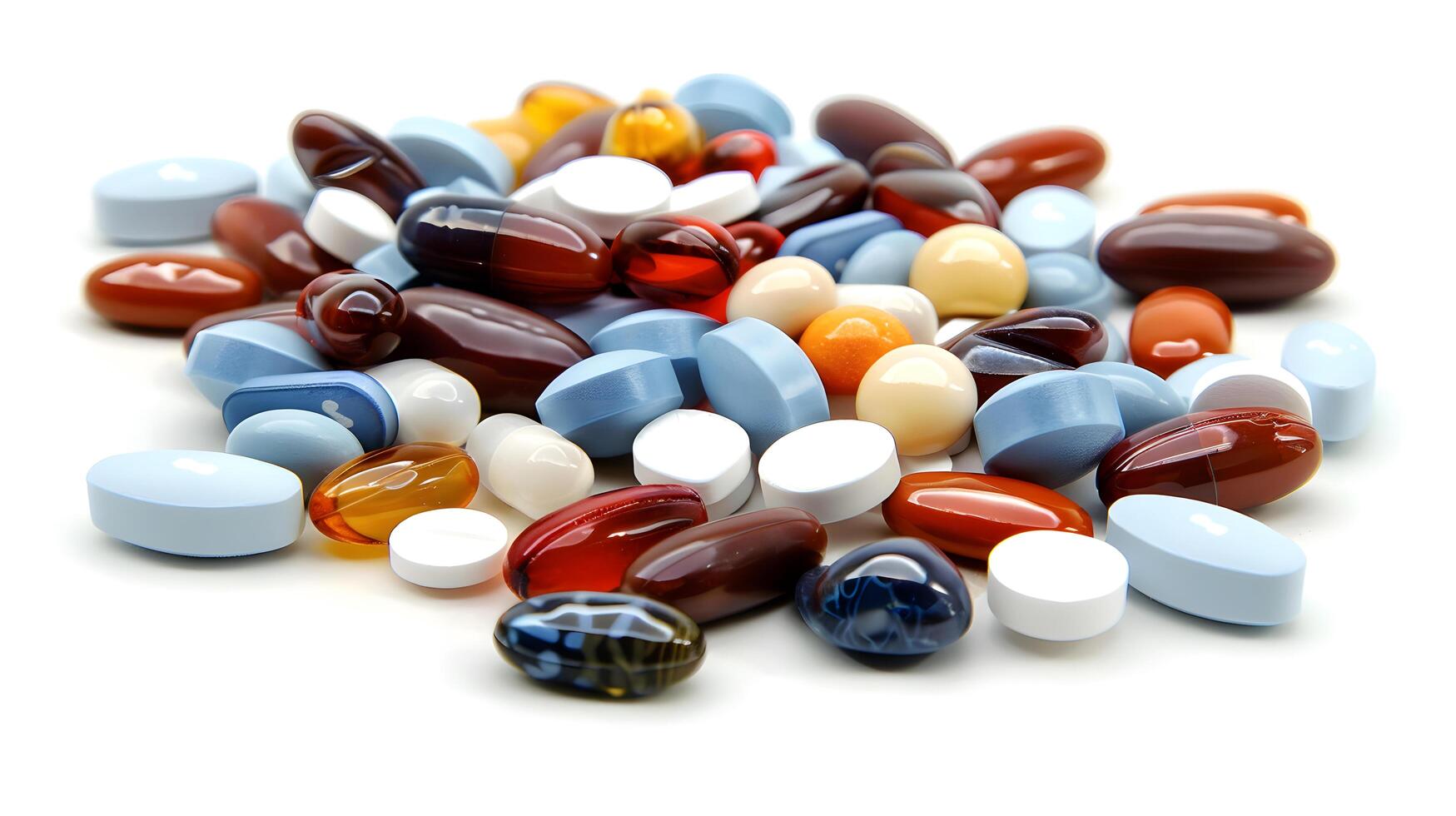 pile of assorted pills and capsules on a white background photo