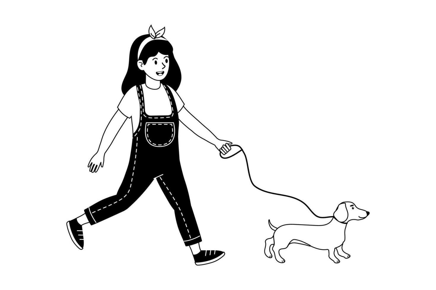 Girl walking a small dog in a park during a sunny day vector
