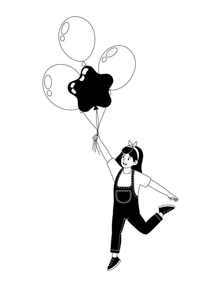 Happy girl holding colorful balloons while playing outdoors in the bright sunshine vector