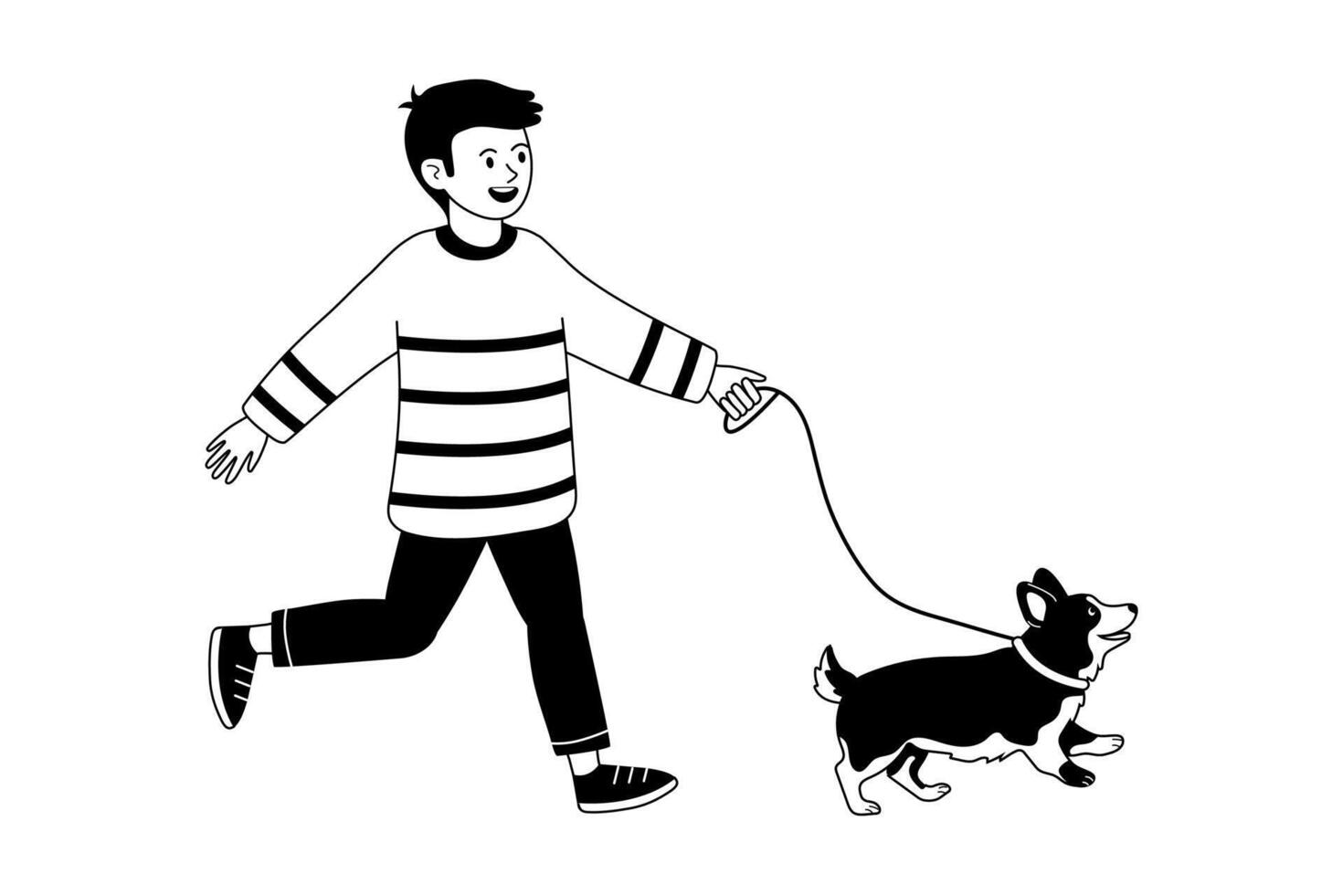 Walking a happy corgi in the park during a sunny day with a cheerful young person vector