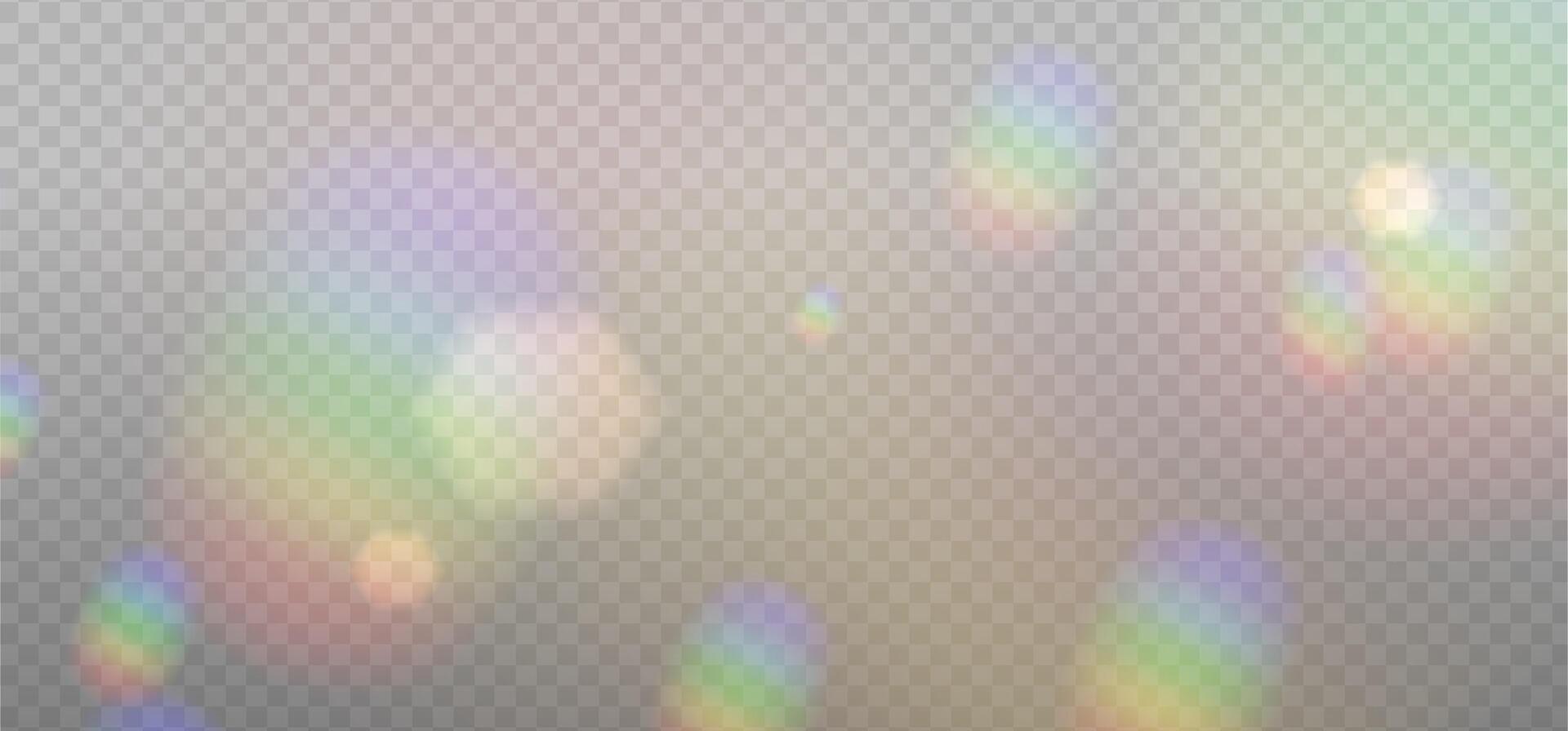 Rainbow sunbeams highlight on a light background with sparkles. Bokeh Glare or reflection from water. Glittering overlay for social media backgrounds, photo shots. illustration. vector