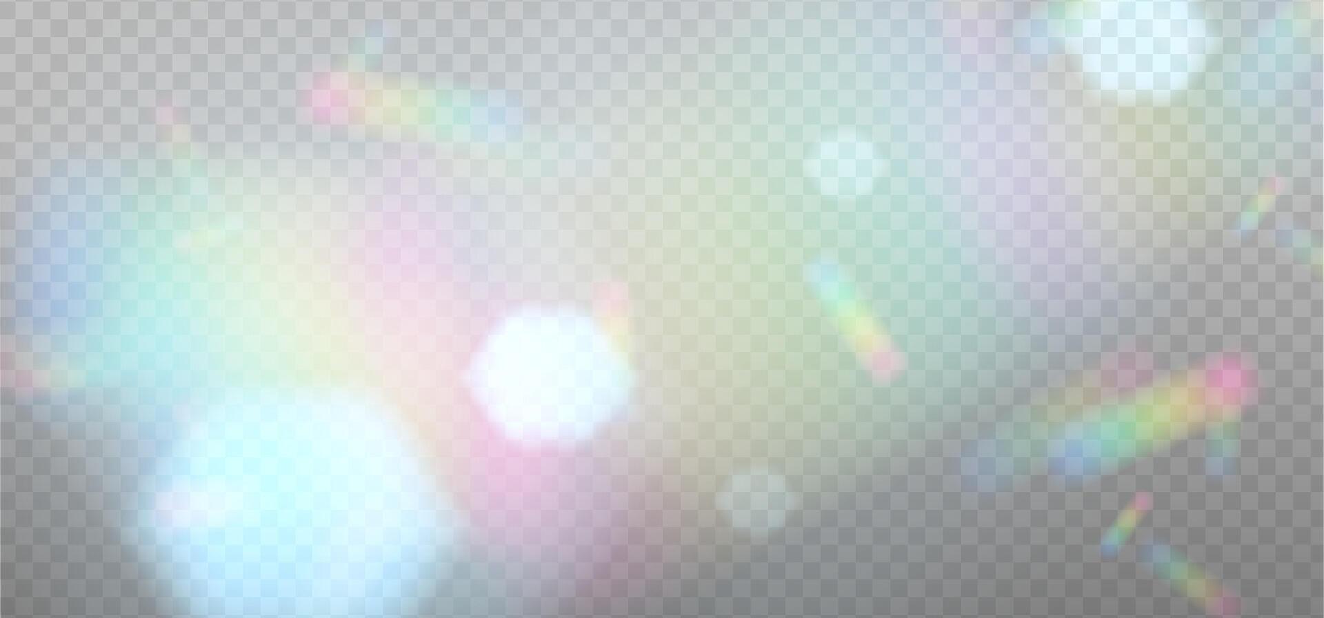 Cold spots of reflected sunlight. Rainbow reflection light prism effect on light background. Hologram glass dispersion, crystal flare leak shadow overlay. illustration vector