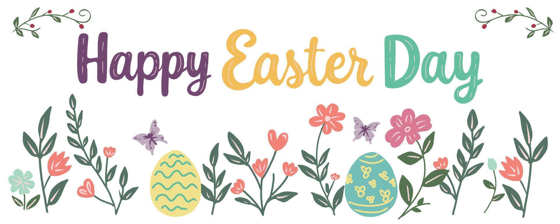 Illustration of decorative spring flowers and easter eggs and Happy Easter Day typography lettering for your design, banner, greeting card. vector