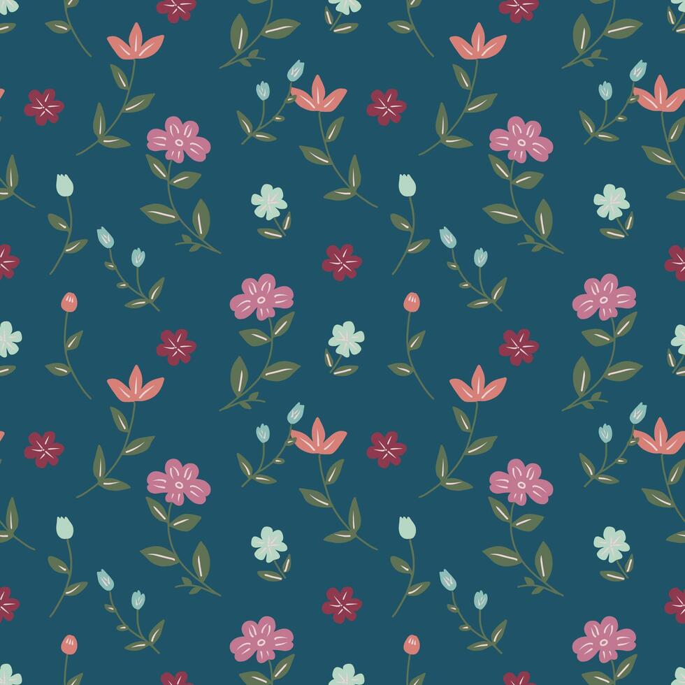 Ditsy floral seamless pattern with spring meadow flowers on deep blue background. vector