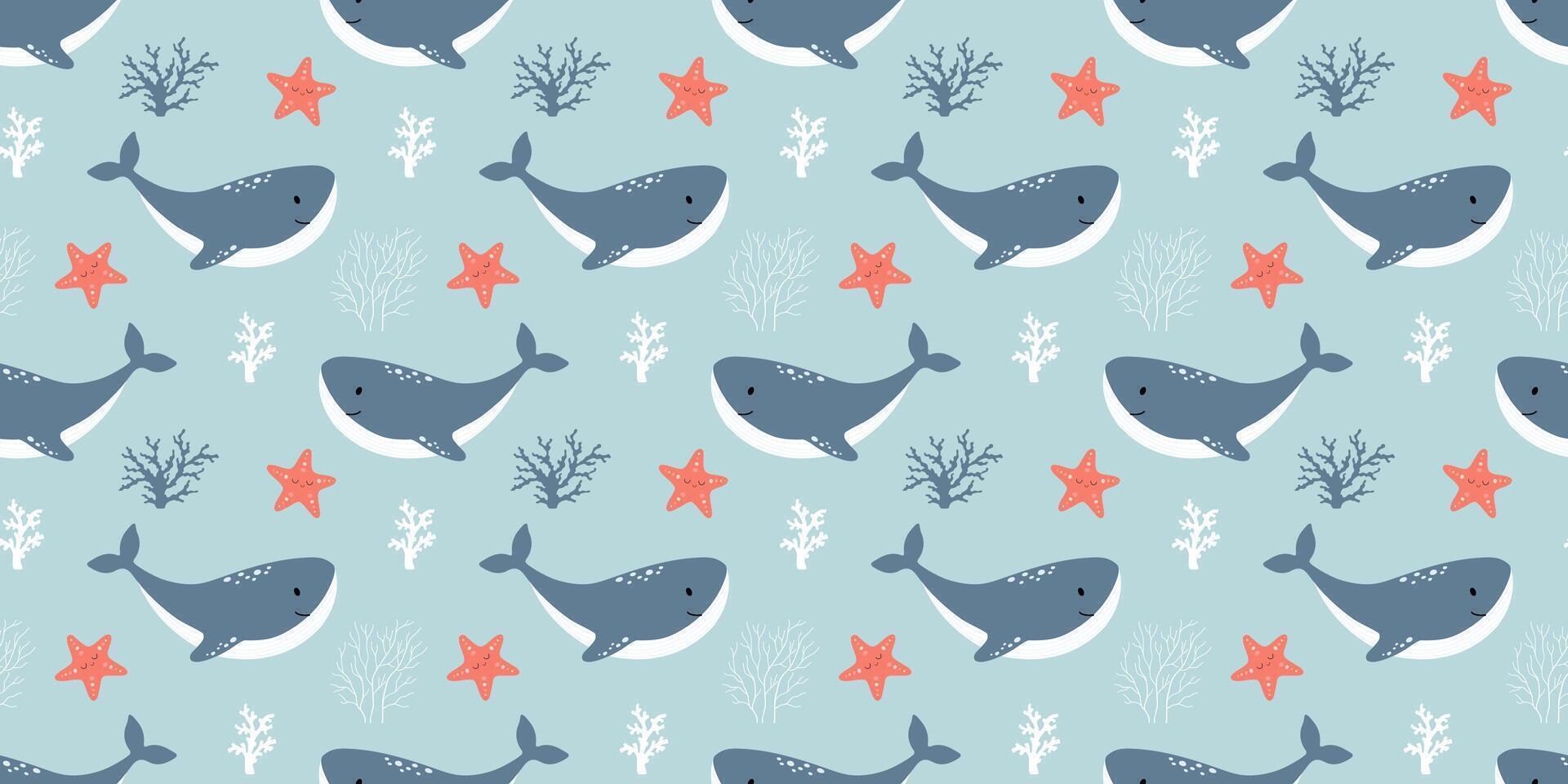 Seamless pattern with sea whale, underwater life, illustrations on blue background. Nautical repeating design for nursery vector