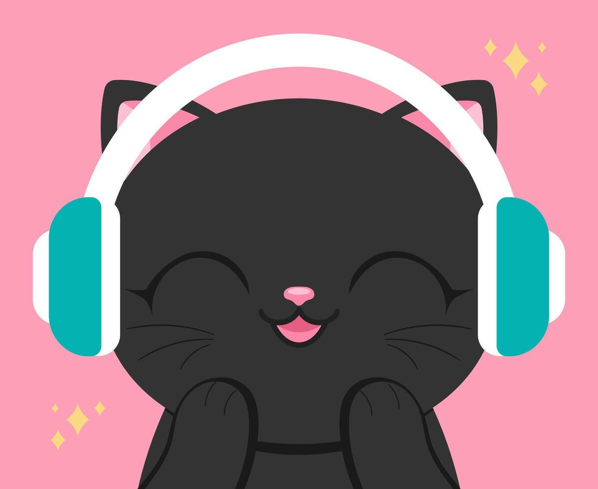 Cute anime cat in headphones. Cheerful cat listening to music with closed eyes vector