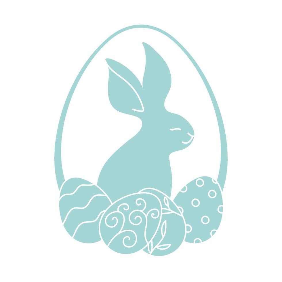 Cute Easter Bunny with painted Easter eggs. Happy Easter Day emblem. Hand drawn illustration vector