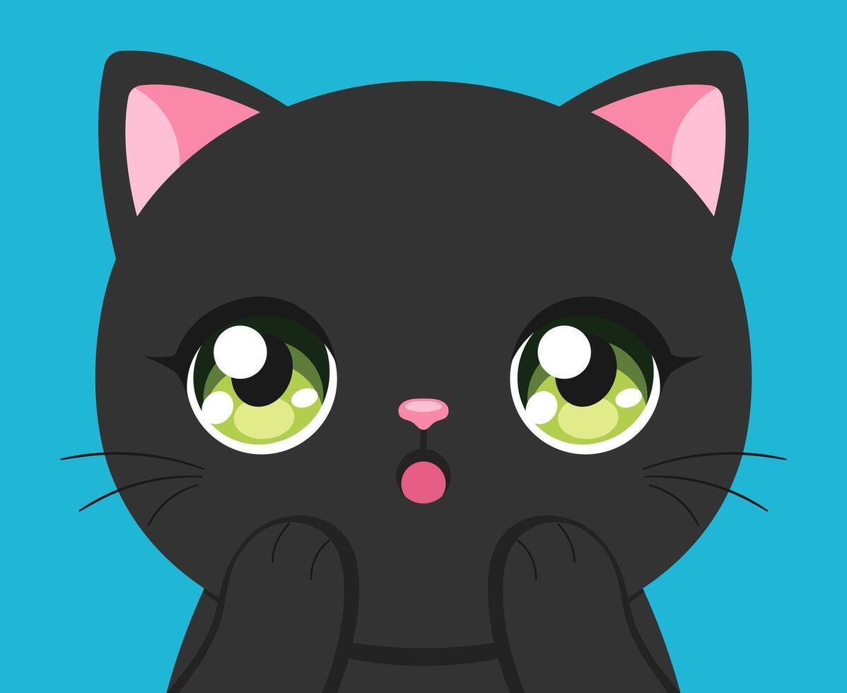 Surprised black cat in anime style set. Cute anime cat with big green eyes with sparkles vector