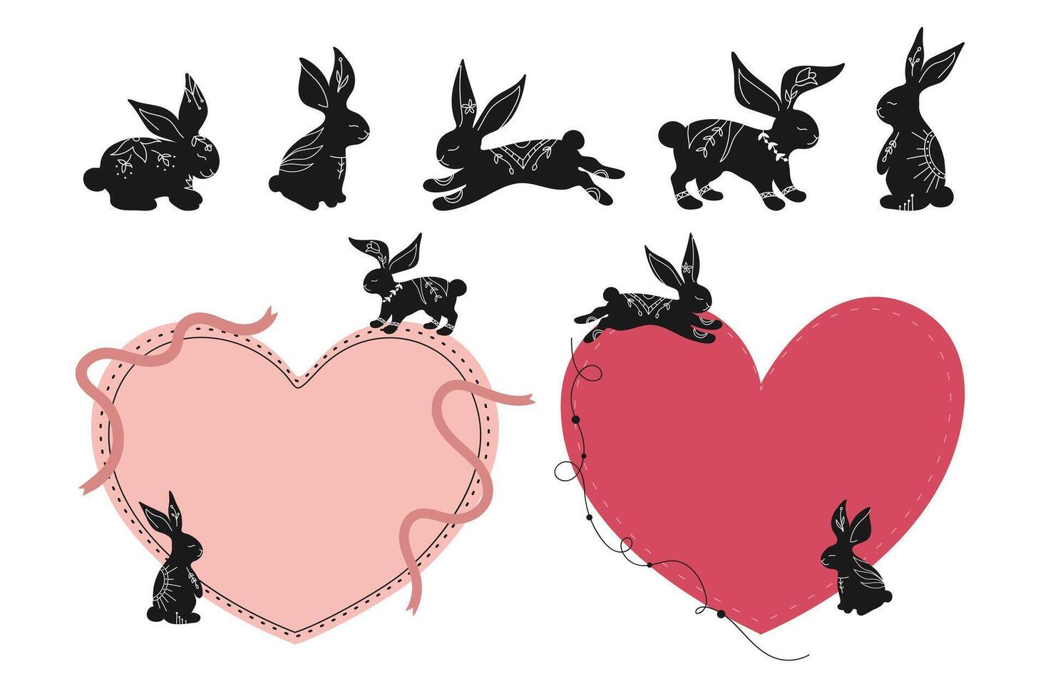 Heart templates decorated with black rabbit silhouettes drawn in boho style. Set of rabbit silhouettes decorated with botanical elements vector