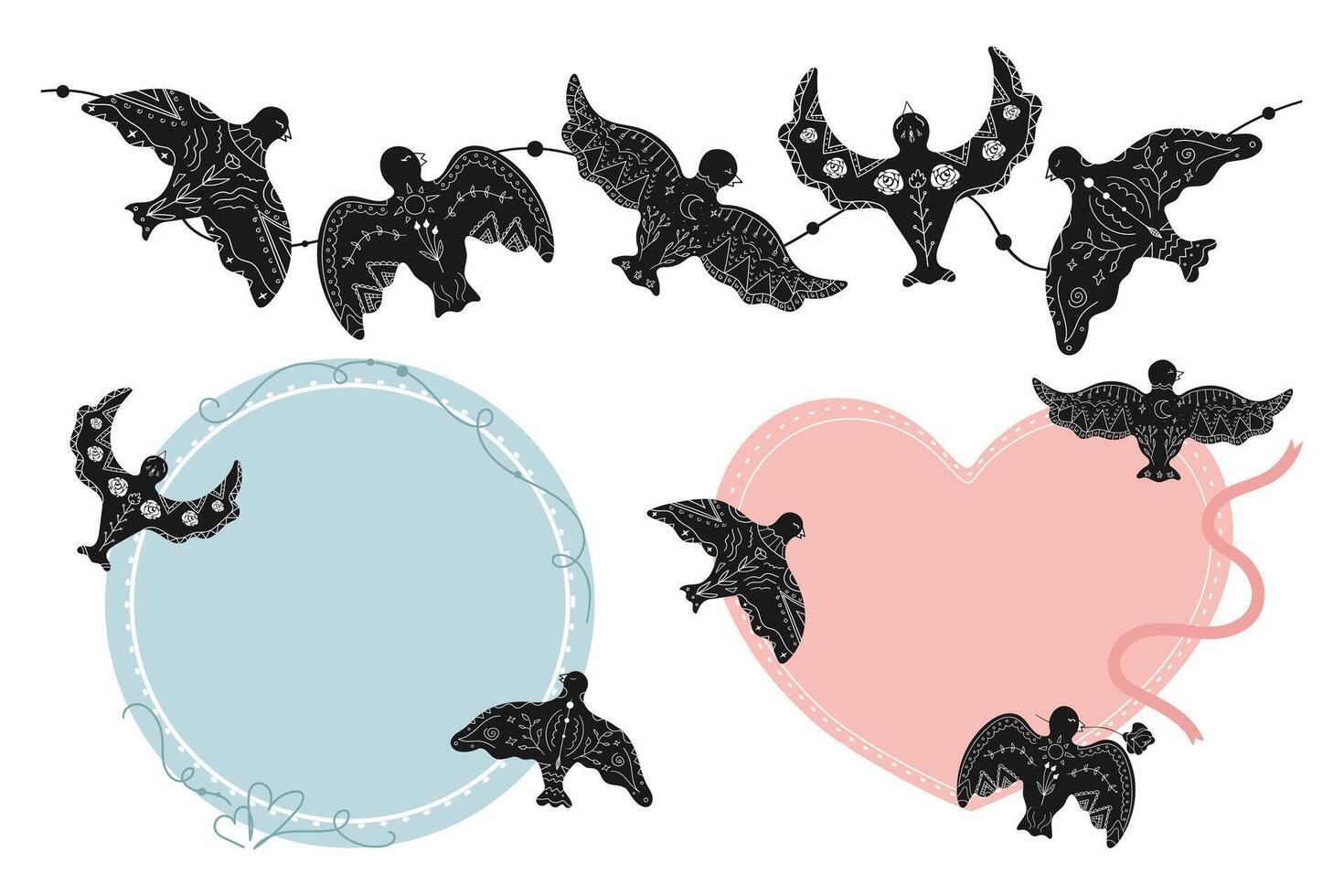 Heart and circle templates decorated with hand drawn dove silhouettes drawing in boho style. Templates decorated with black birds with floral arrangement vector