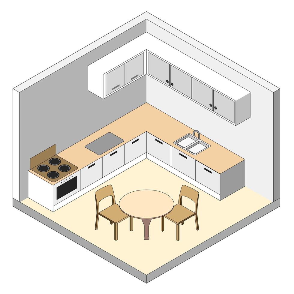 isometric simple kitchen with table and chairs vector