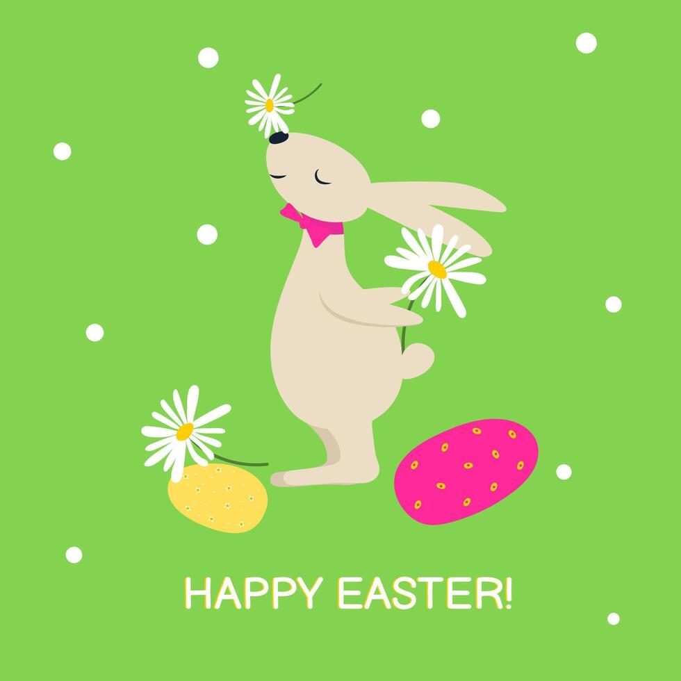Spring card or poster illustration template with cute bunny with daisies and eggs. Happy Easter. Seasons greetings inscription. vector