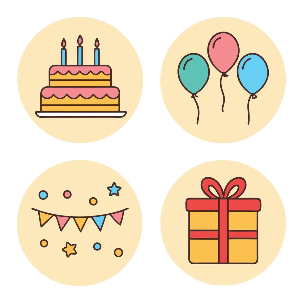 Festive Birthday Icons Party, Cake, Balloons and Gifts vector