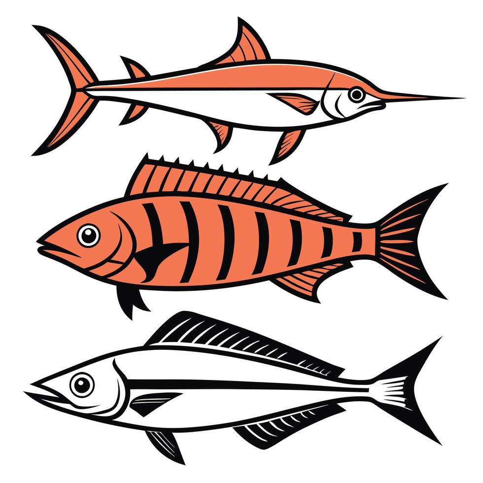 Fishing and Seafood Illustration Swordfish, Grouper, Snapper, Haddock Silhouettes vector