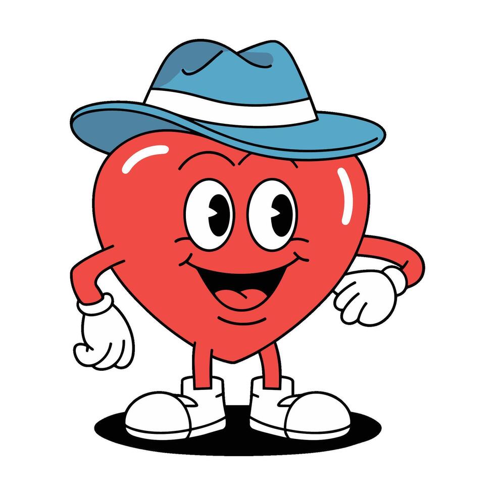 Smiling heart character wearing a hat and shoes, cartoon illustration in a retro style vector