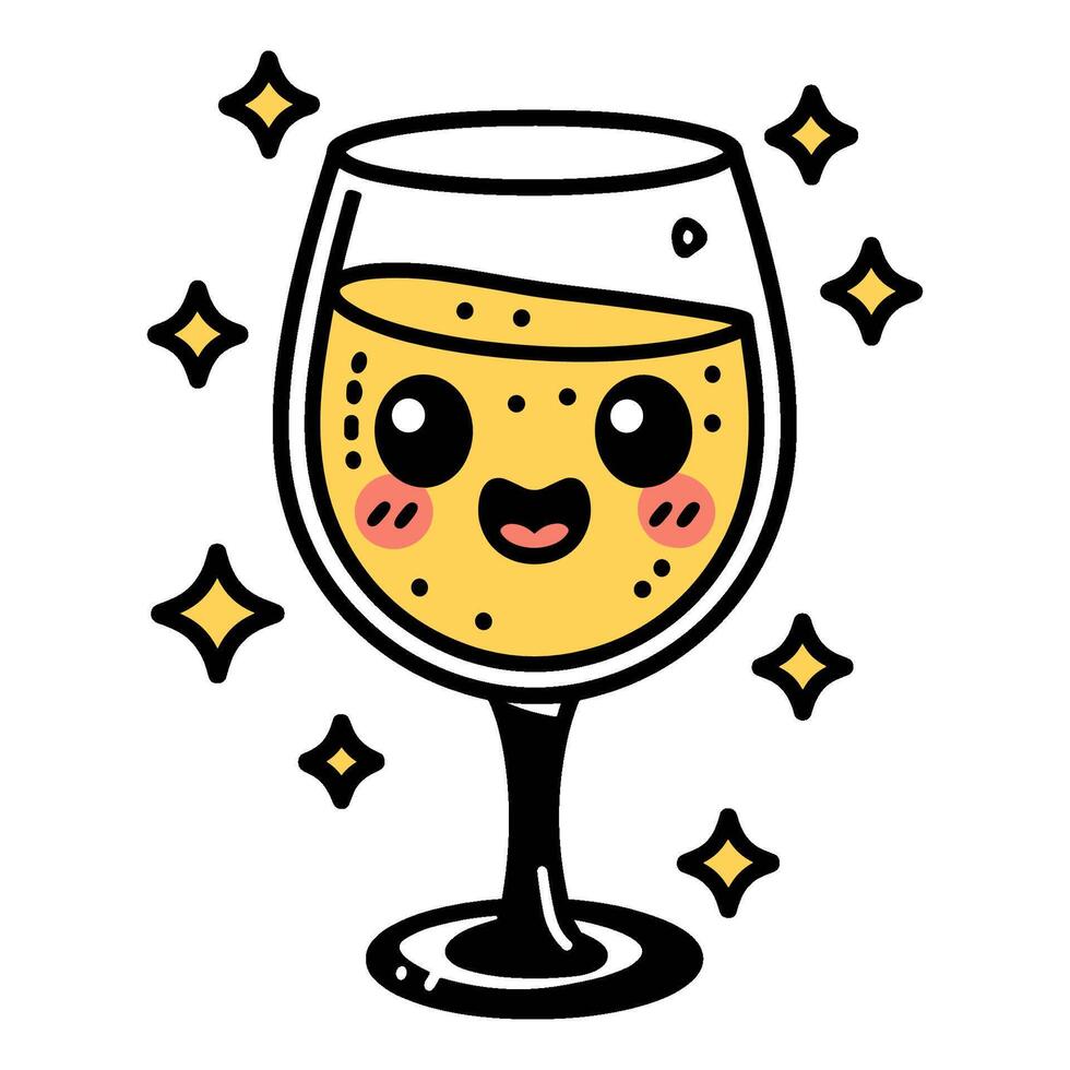 Kawaii cartoon style illustration of a cheerful wine glass with sparkling elements vector
