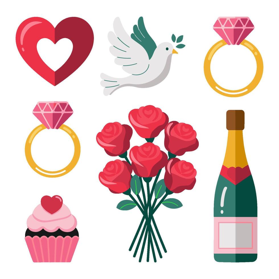Set of vibrant icons for Valentine's Day celebration featuring love symbols vector