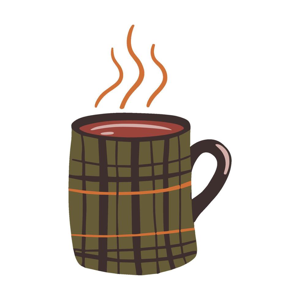 Cozy autumn vibes with a steaming mug of warm beverage in a plaid cup, flat illustration vector