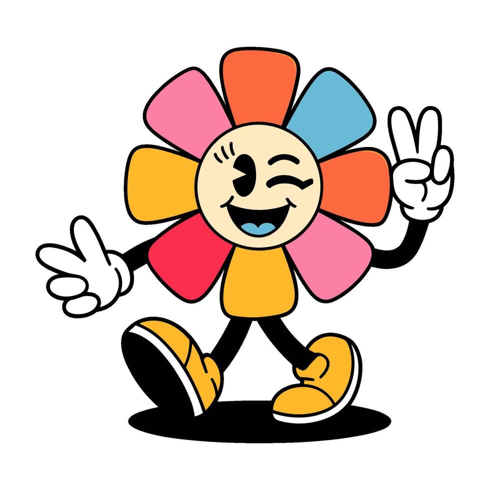 A cartoon flower with smiling face and peace sign on its head. Character happy walking, image vector