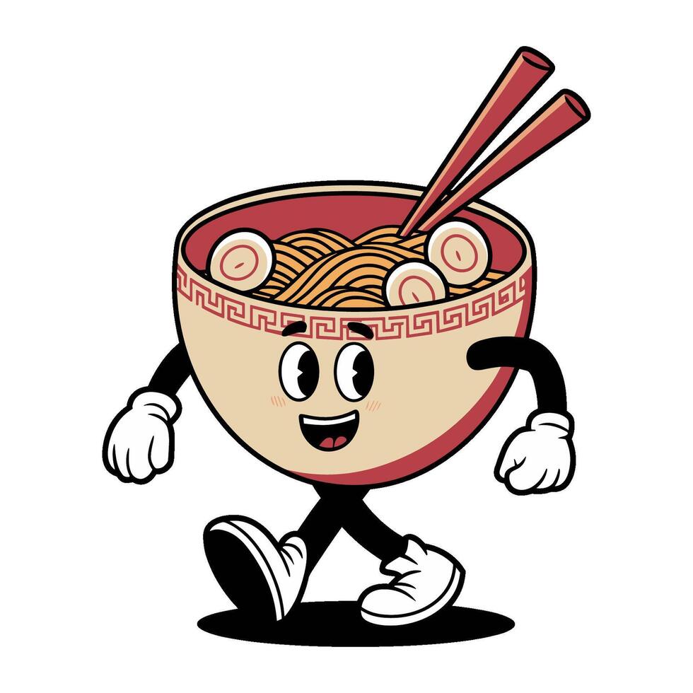 retro cartoon character shaped like a noodle bowl strolls confidently, holding chopsticks vector