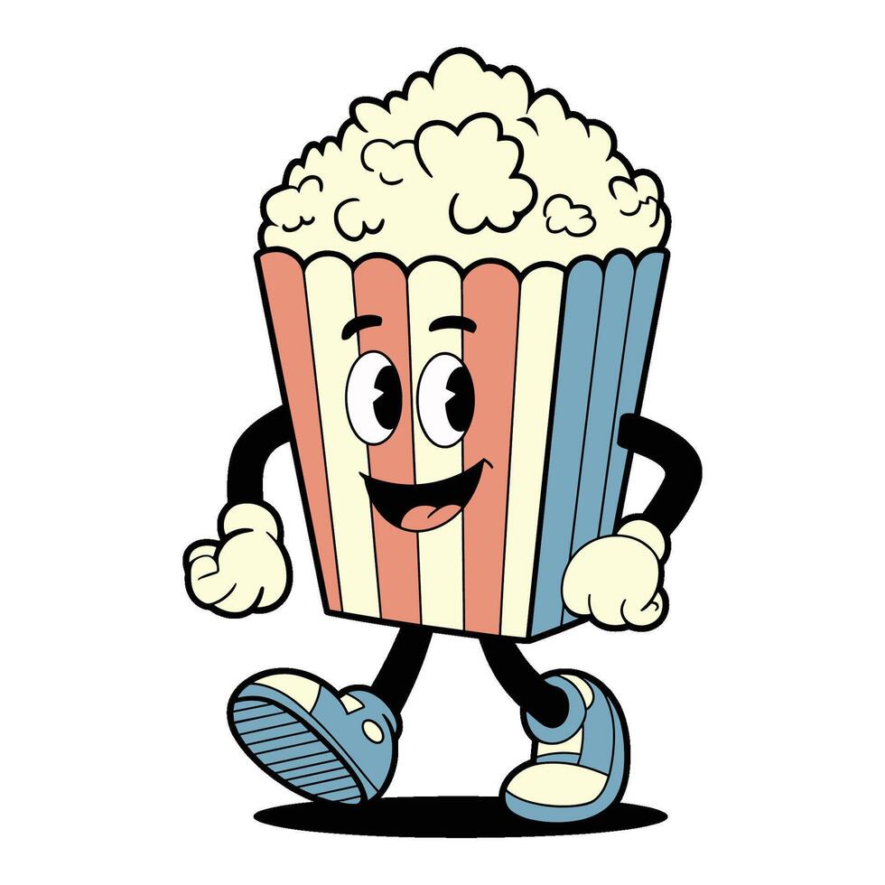 cheerful retro cartoon popcorn character strolls with a happy expression vector